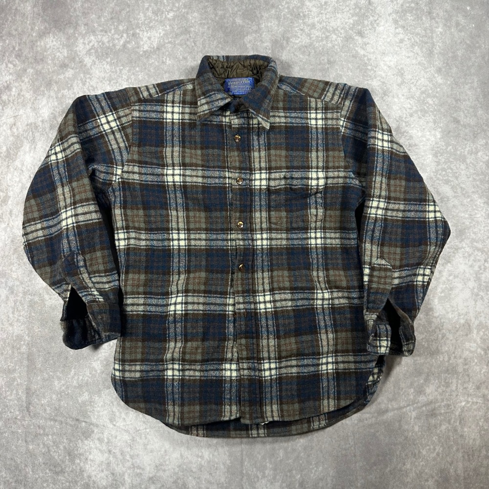 Pendleton Vintage Wool Flannel Shirt Mens L Blue Brown Plaid Made In USA Quilted
